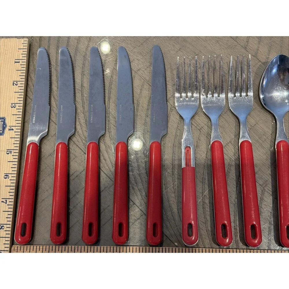 Vintage Stainless steele Flatware spoon fork knife RED HANDLES set retro